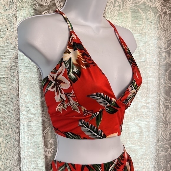 TROPICAL Two Piece Skirt Set Red Size Large Palm Print Lillies Summer - Picture 4 of 16